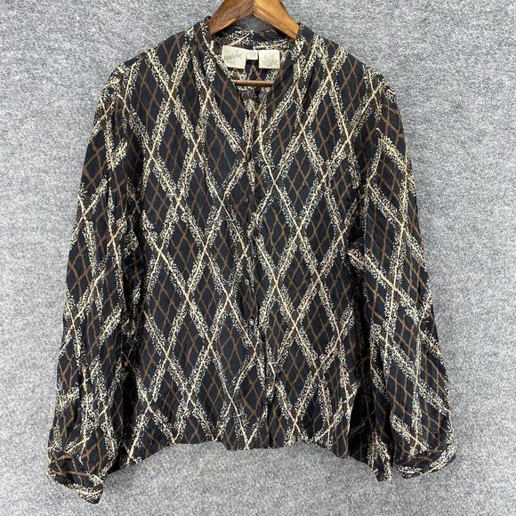 J. Ferrar Top Women 22 Plus Black Geometric Button Up V-Neck Long Sleeve Silk - Picture 1 of 6